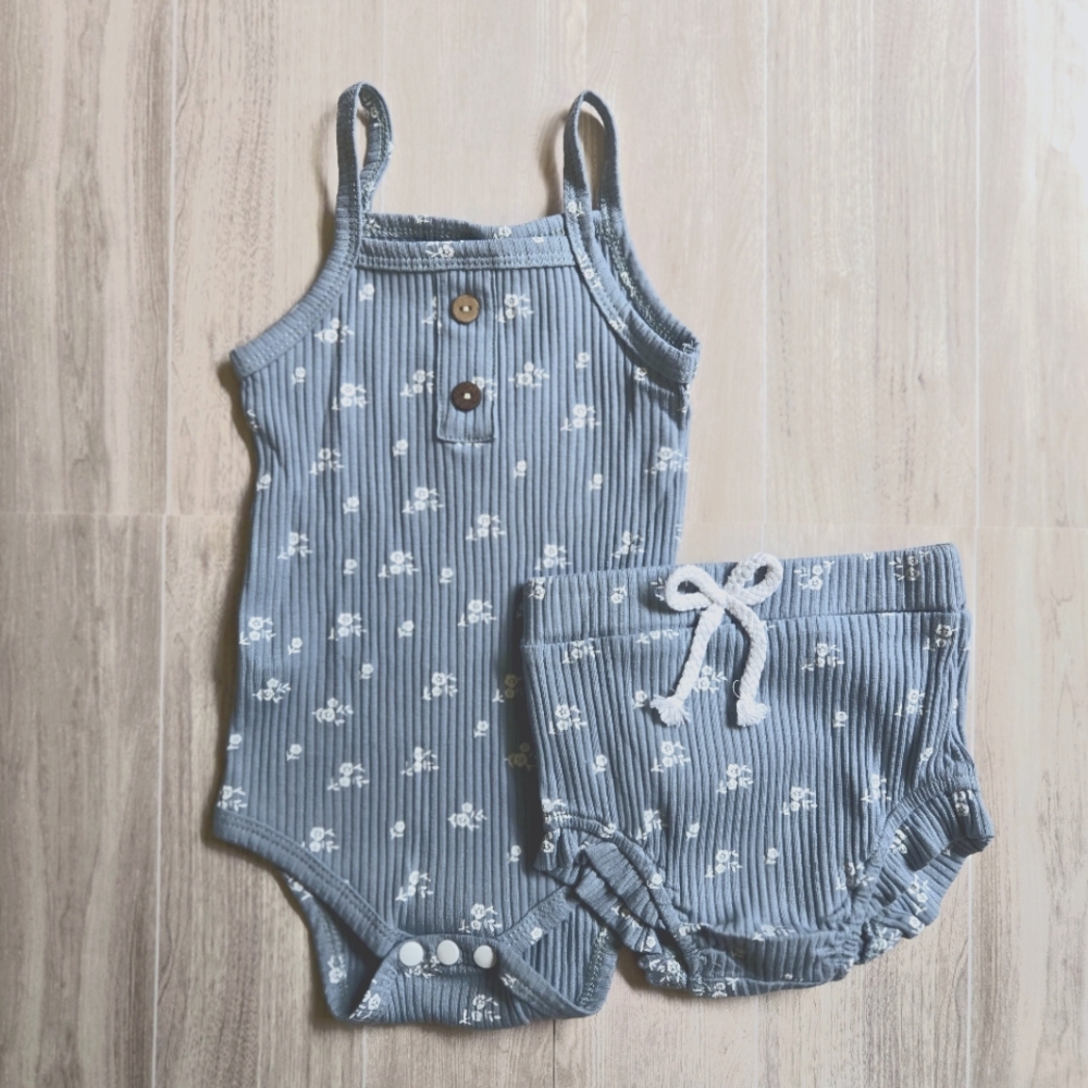 Baby Girl Ribbed Knit 2Pc Floral Set Bodysuit Ruffle Bloomer Summer Outfit 6-9M